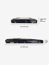 Load image into Gallery viewer, Pictured are the lengthwise, widthwise and height-wise dimensions of a completely packed-up hard shell roof top tent. This is the medium-sized Sky Loft, a 2-person hard shell roof top tent perfect for all overland roof top tent family outdoor camping! Available for sale by SMRT Tent in Edmonton, Canada.