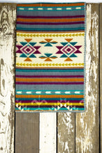 Load image into Gallery viewer, Pictured is a cream, dark goldish yellow, orange, wine red magenta, aqua blue, dark brownish red, teal and white coloured, traditional Aztec patterned baby blanket. This is the technicolour Heartprint Threads 'Baby Stardust' Baby Blanket, created by Ecuadorian Artisans. Perfect for your SMRT Tent roof top tents for trucks baby blanket needs! Available for sale at SMRT Tent in Edmonton, Canada.