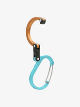 Load image into Gallery viewer, Pictured in metallic orange for the open swivel hook and bright blue for the rest of the clip is a medium-sized metal carabiner. This is the HeroClip Medium in Solar Flare. Perfect for your roof top tent adventure camp tool hanging needs! Available for sale by SMRT Tent in Edmonton, Canada.