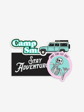 Load image into Gallery viewer, Pictured are the 4 stickers in the Cool Blue theme of our SMRT Tent Sticker Pack. Included are (1) Camp SMRT Retro Green and white sticker, (1) Camp SMRT Land Rover Defender 110 sticker in teal, (1) Classic rectangular Black and White Stay Adventurous sticker, and (1) Classy Pink & Teal Laughing Skeleton SMRT Tent EST 2017 sticker. Perfect for your roof top tent or water bottle! Available for sale by SMRT Tent in Edmonton, Canada.
