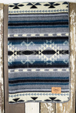 Load image into Gallery viewer, Pictured is a dark blue, grey-blue, black, ice and white coloured, traditional Aztec patterned baby blanket. This is the Heartprint Threads 'Dream Big Little One' Baby Blanket, created by Ecuadorian Artisans. Perfect for your everyday soft & warm baby blanket needs! Available for sale at SMRT Tent in Edmonton, Canada.