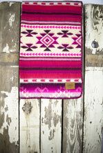 Load image into Gallery viewer, Pictured is a wine-purple, burgundy, light blush pink, magenta, hot pink, rose pink and white coloured, traditional Aztec patterned baby blanket. This is the Heartprint Threads 'Healthy Pink Cheeks' Baby Blanket, created by Ecuadorian Artisans. Perfect for your everyday soft & warm baby blanket needs! Available for sale at SMRT Tent in Edmonton, Canada.