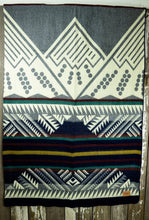 Load image into Gallery viewer, Pictured is grey, dark blue, teal & white, mountain-patterned and laid-out blanket. This is the Heartprint Threads 'Queen Ralph' Mountain Flakes Line Queen Blanket, created by Ecuadorian Artisans.  Throw this warm blanket over your sleeping bag while camping outdoors! Available for sale at SMRT Tent in Edmonton, Canada.