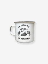 Load image into Gallery viewer, Pictured is a white enamel mug with a simple handle. In black on the front of the mug is written Camp SMRT EST 2020 on top and Stay Adventurous on the bottom. In between is a drawing - still in black - of 3 overlapping mountains over 4 simple pine trees and a Land Rover Defender 110 SUV with a SMRT Tent hard-shell roof top tent on the roof rack. Great to enjoy in your roof top tent! Available for sale by SMRT Tent in Edmonton, Canada.