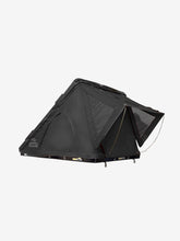 Load image into Gallery viewer, Pictured is a matte, all-black, completely set-up hard shell roof top tent. This is the medium-sized Sky Loft, a 2-person hard shell roof top tent perfect for all overland roof top tent family outdoor camping! Available for sale by SMRT Tent in Edmonton, Canada.