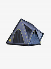 Load image into Gallery viewer, Pictured is a dark grey, completely set-up hard shell roof top tent. This is the Summit Suite, a large (2-person) hard shell roof top tent in Slate Grey. Perfect for any overland hard shell roof top tent camp adventure! Available for sale by SMRT Tent in Edmonton, Canada.