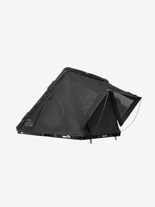 Pictured is a matte, all-black, completely set-up hard shell roof top tent. This is the medium-sized Sky Loft, a 2-person hard shell roof top tent perfect for all overland roof top tent family outdoor camping! Available for sale by SMRT Tent in Edmonton, Canada.