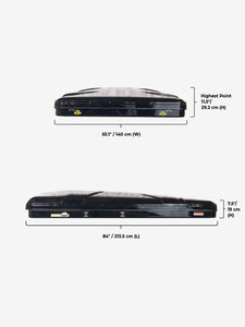 Pictured are the lengthwise, widthwise and height-wise dimensions of a completely packed-up hard shell roof top tent. This is the medium-sized Sky Loft, a 2-person hard shell roof top tent perfect for all overland roof top tent family outdoor camping! Available for sale by SMRT Tent in Edmonton, Canada.