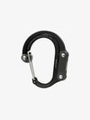 Pictured in black for the swivel hook and the inner clip is a closed, medium-sized metal carabiner. This is the HeroClip Medium in Stealth Black. Perfect for your roof top tent adventure camp tool hanging needs! Available for sale by SMRT Tent in Edmonton, Canada.
