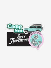 Load image into Gallery viewer, Pictured are the 4 stickers in the Cool Blue theme of our SMRT Tent Sticker Pack. Included are (1) Camp SMRT Retro Green and white sticker, (1) Camp SMRT Land Rover Defender 110 sticker in teal, (1) Classic rectangular Black and White Stay Adventurous sticker, and (1) Classy Pink &amp; Teal Laughing Skeleton SMRT Tent EST 2017 sticker. Perfect for your roof top tent or water bottle! Available for sale by SMRT Tent in Edmonton, Canada.
