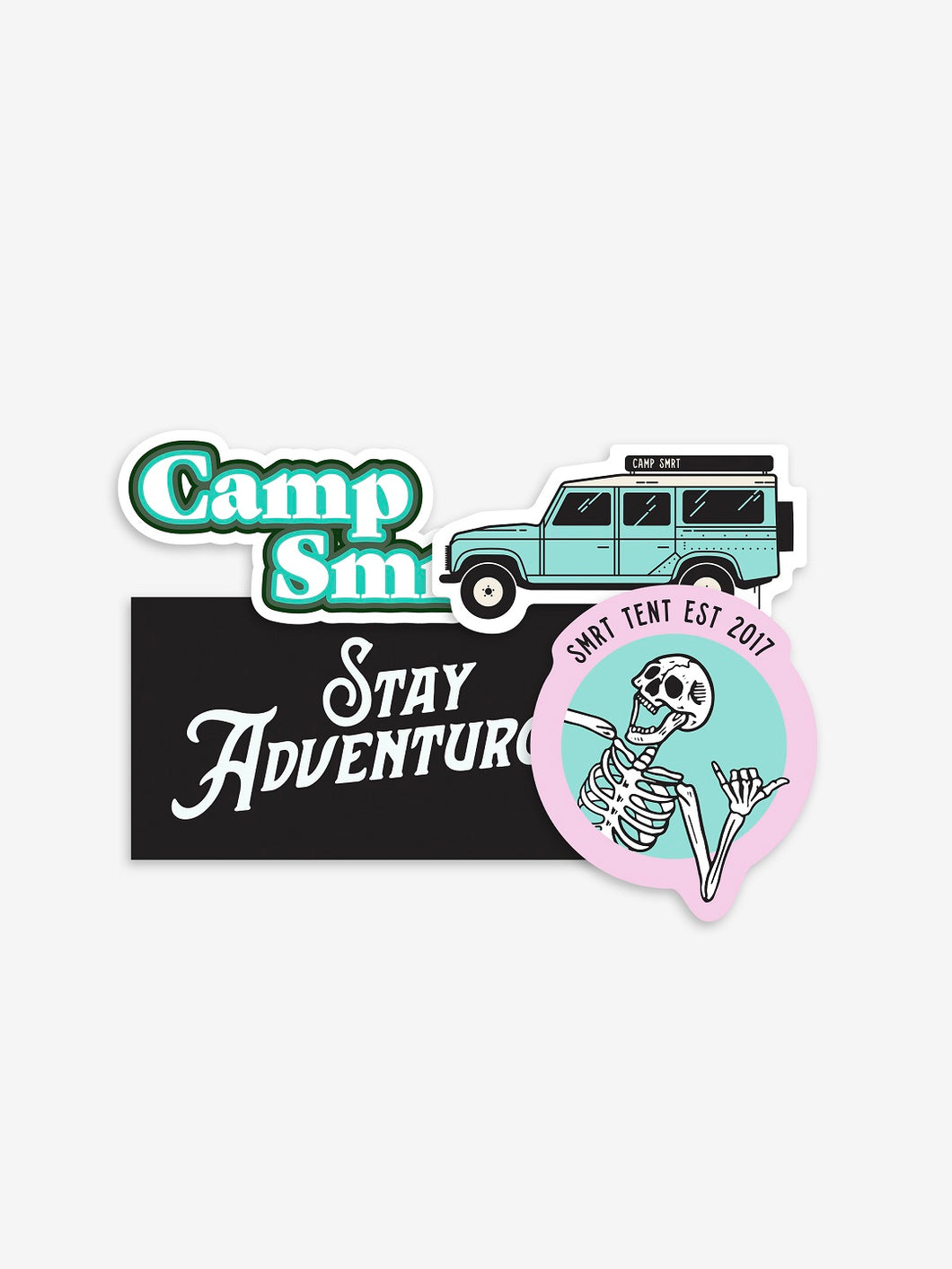 Pictured are the 4 stickers in the Cool Blue theme of our SMRT Tent Sticker Pack. Included are (1) Camp SMRT Retro Green and white sticker, (1) Camp SMRT Land Rover Defender 110 sticker in teal, (1) Classic rectangular Black and White Stay Adventurous sticker, and (1) Classy Pink & Teal Laughing Skeleton SMRT Tent EST 2017 sticker. Perfect for your roof top tent or water bottle! Available for sale by SMRT Tent in Edmonton, Canada.