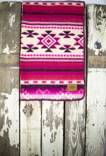 Load image into Gallery viewer, Pictured is a wine-purple, burgundy, light blush pink, magenta, hot pink, rose pink and white coloured, traditional Aztec patterned baby blanket. This is the Heartprint Threads &#39;Healthy Pink Cheeks&#39; Baby Blanket, created by Ecuadorian Artisans. Perfect for your everyday soft &amp; warm baby blanket needs! Available for sale at SMRT Tent in Edmonton, Canada.
