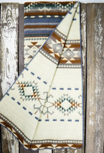 Load image into Gallery viewer, Pictured is a brown, white &amp; grey-blue, patterned, laid-out and folded-out blanket. This is the Heartprint Threads ‘Dusk Rose’ Aztec Series Double Blanket, created by Ecuadorian Artisans. Throw this warm blanket over your sleeping bag while camping outdoors! Available for sale at SMRT Tent in Edmonton, Canada.
