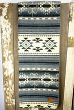 Load image into Gallery viewer, Pictured is a blue &amp; grey, patterned and laid-out blanket. This is the Heartprint Threads ‘Ocean Layers’ Aztec Series Double Blanket, created by Ecuadorian Artisans. Throw this warm blanket over your sleeping bag while camping outdoors! Available for sale at SMRT Tent in Edmonton, Canada.
