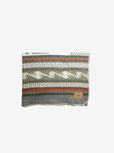 Load image into Gallery viewer, Pictured is a grey &amp; olive, wave-patterned and neatly folded blanket. This is the Heartprint Threads ‘Mosaic Pebble’ Maskuy Collection Queen Blanket, created by Ecuadorian Artisans. Throw this warm blanket over your sleeping bag while camping outdoors! Available for sale at SMRT Tent in Edmonton, Canada.
