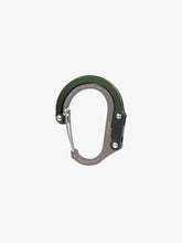 Load image into Gallery viewer, Pictured in metallic forest green for the closed swivel hook and matte greyish, tan mauve for the rest of the clip, is a small-sized metal carabiner. This is the HeroClip Small in Forest Green. Perfect for your roof top tent adventure camp tool hanging needs! Available for sale by SMRT Tent in Edmonton, Canada.
