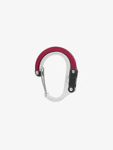 Load image into Gallery viewer, Pictured in metallic red for the closed swivel hook and silver for the rest of the clip, is a small-sized metal carabiner. This is the HeroClip Small in Hot Rod Red. Perfect for your roof top tent adventure camp tool hanging needs! Available for sale by SMRT Tent in Edmonton, Canada.
