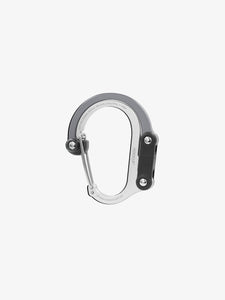 Pictured in grey for the closed swivel hook and matte greyish silver for the rest of the clip, is a small-sized metal carabiner. This is the HeroClip Small in Shades of Grey. Perfect for your roof top tent adventure camp tool hanging needs! Available for sale by SMRT Tent in Edmonton, Canada.