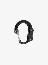 Load image into Gallery viewer, Pictured in black for the closed swivel hook and the clip, is a small-sized metal carabiner. This is the HeroClip Small in Stealth Black. Perfect for your roof top tent adventure camp tool hanging needs! Available for sale by SMRT Tent in Edmonton, Canada.
