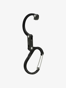 Pictured in black for the open swivel hook and the clip, is a small-sized metal carabiner. This is the HeroClip Small in Stealth Black. Perfect for your roof top tent adventure camp tool hanging needs! Available for sale by SMRT Tent in Edmonton, Canada.