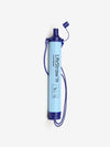 Pictured is a light blue cylinder, with the words LifeStraw written in black lengthwise on its body. The bottom end cap is dark blue and is connected to the opened top drinking spout by two dark blue braided strings. This is the LifeStraw which can be used to drink directly from lakes and streams and delivers clean and safe water to the drinker's mouth. Perfect for your overland roof top tent camp survival needs! Available for sale by SMRT Tent in Edmonton, Canada.