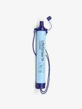 Load image into Gallery viewer, Pictured is a light blue cylinder, with the words LifeStraw written in black lengthwise on its body. The bottom end cap is dark blue and is connected to the opened top drinking spout by two dark blue braided strings. This is the LifeStraw which can be used to drink directly from lakes and streams and delivers clean and safe water to the drinker&#39;s mouth. Perfect for your overland roof top tent camp survival needs! Available for sale by SMRT Tent in Edmonton, Canada.
