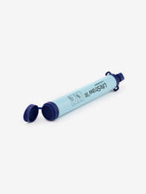 Load image into Gallery viewer, Pictured is a light blue cylinder, with the words LifeStraw written in black lengthwise on its body. The opened bottom end cap and the capped top drinking spout are both dark blue.  This is the LifeStraw which can be used to drink directly from lakes and streams and delivers clean and safe water to the drinker&#39;s mouth. Perfect for your overland roof top tent camp survival needs! Available for sale by SMRT Tent in Edmonton, Canada.

