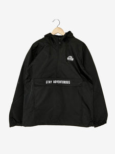 Pictured is the front of a Black drawstring anorak/rain jacket with the a SMRT Tent logo printed over the upper-left chest area in white and the words Stay Adventurous also in white printed across the front multi-pocket flap. Layer around your SMRT Tent roof top tent camp in this sweet SMRT Tent Rainy Jacket! Available for sale by SMRT Tent in Edmonton, Canada.