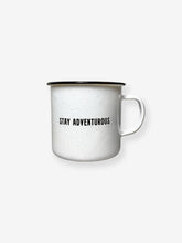 Load image into Gallery viewer, Pictured is the back of the SMRT Tent white enamel mug with the words Stay Adventurous written in black. Enjoy your hot tea anywhere in your roof top tent! Available for purchase by SMRT Tent in Edmonton, Canada.

