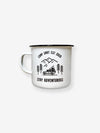 Pictured is a white enamel mug with a simple handle. In black on the front of the mug is written Camp SMRT EST 2020 on top and Stay Adventurous on the bottom. In between is a drawing - still in black - of 3 overlapping mountains over 4 simple pine trees and a Land Rover Defender 110 SUV with a SMRT Tent hard-shell roof top tent on the roof rack. Great to enjoy in your roof top tent! Available for sale by SMRT Tent in Edmonton, Canada.