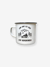 Load image into Gallery viewer, Pictured is a white enamel mug with a simple handle. In black on the front of the mug is written Camp SMRT EST 2020 on top and Stay Adventurous on the bottom. In between is a drawing - still in black - of 3 overlapping mountains over 4 simple pine trees and a Land Rover Defender 110 SUV with a SMRT Tent hard-shell roof top tent on the roof rack. Great to enjoy in your roof top tent! Available for sale by SMRT Tent in Edmonton, Canada.
