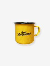 Load image into Gallery viewer, Pictured is the back of an enamel camping mug in yellow with a simple handle. The words Stay Adventurous are centered and written in black. Great anywhere your SMRT Tent roof top tent journey takes you! Available for sale by SMRT Tent in Edmonton, Canada.
