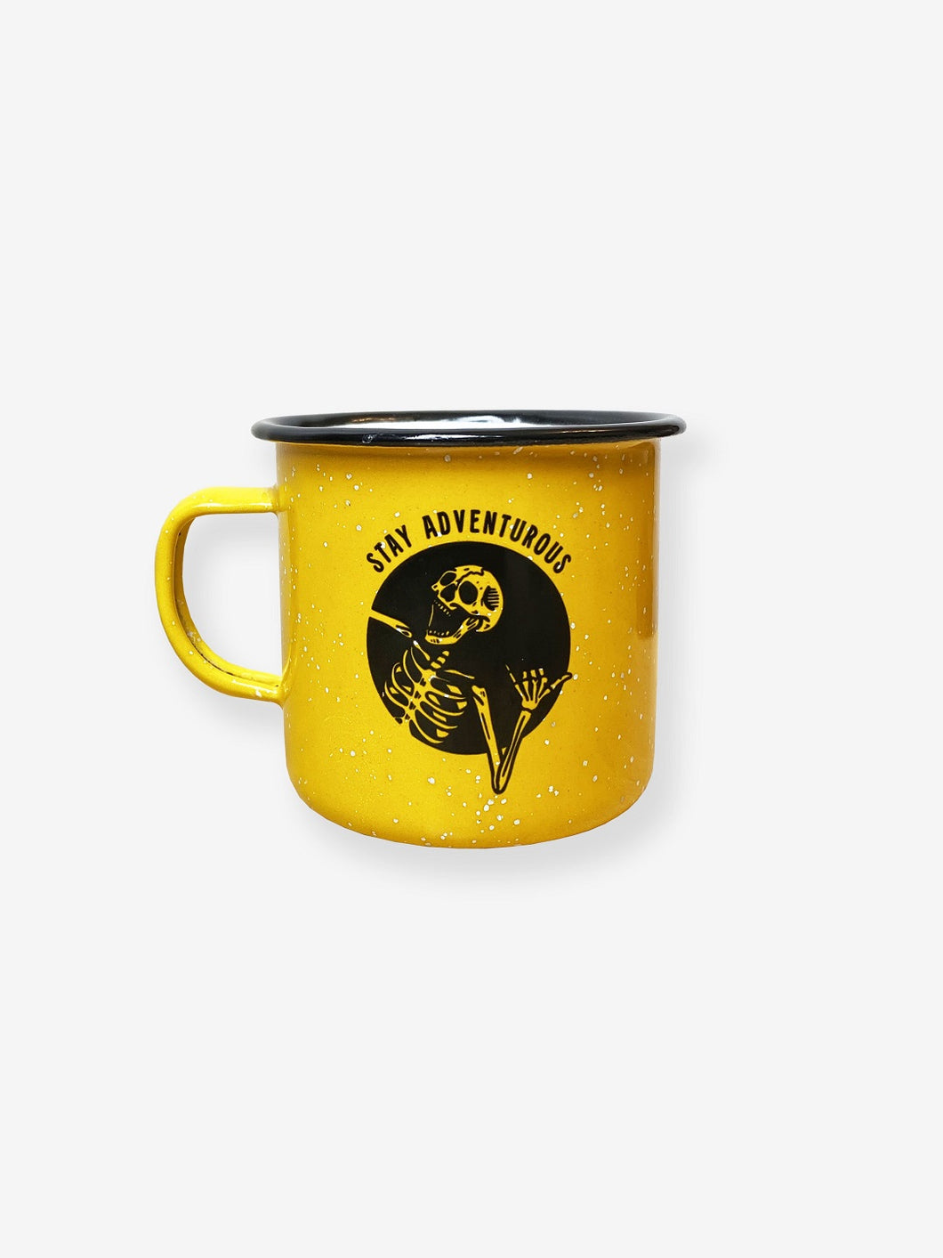 Pictured is the front of an enamel camping mug in yellow with a simple handle. The words Stay Adventurous are in black above a laughing skeleton in a black-filled circle frame. Great anywhere your SMRT Tent roof top tent journey takes you! Available for sale by SMRT Tent in Edmonton, Canada.