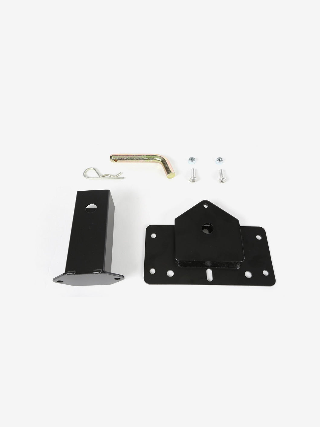 Pictured are 8 pieces of a Trailer Hitch Mount kit. In front are the mount plate on the right and the hitch plate on the left, both made from steel. Above-right are two silver screws and two silver bolts. Above-left is a silver piece of metal wire that is bent in two, with one length wavy and the other straight (like two lock-pick tools connected together). Above-center is a gold coloured, 2 inch long piece, shaped like an L, but with the shorter piece of bar at a 95 or 98 degree angle. 