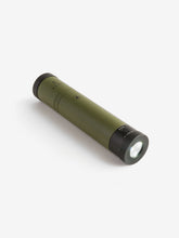 Load image into Gallery viewer, Pictured is an olive green cylinder, the top end has a black end cap and the letters VSSL written in black below it on the body of the cylinder, with the other black end cap being a flashlight. This is the packed compact VSSL Flask. Perfect for your overland canada roof top tent camping spirit needs! Available for sale by SMRT Tent in Edmonton, Canada.
