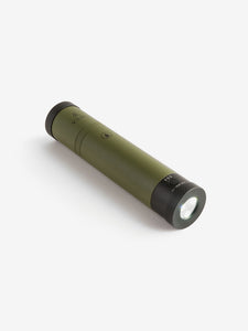 Pictured is an olive green cylinder, the top end has a black end cap and the letters VSSL written in black below it on the body of the cylinder, with the other black end cap being a flashlight. This is the packed compact VSSL Flask. Perfect for your overland canada roof top tent camping spirit needs! Available for sale by SMRT Tent in Edmonton, Canada.