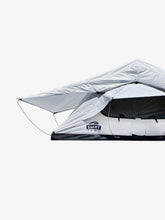 Load image into Gallery viewer, Pictured in a white-ish light grey is an attachable rainfly for roof top tents. This is “The” Softshell Rainfly, a roof top tent rainfly perfect for all overland roof top tent family outdoor camping! Available for sale by SMRT Tent in Edmonton, Canada.
