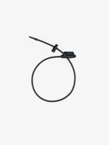 Pictured in black is an adjustable rubber zip tie. This is a eco-friendly zip tie from a Re-Ties Reusable Zip Ties 4-Pack. Perfect for your overland roof top tent camp gear managing, bundling, attaching, fastening and tying needs! Available for sale by SMRT Tent in Edmonton, Canada.